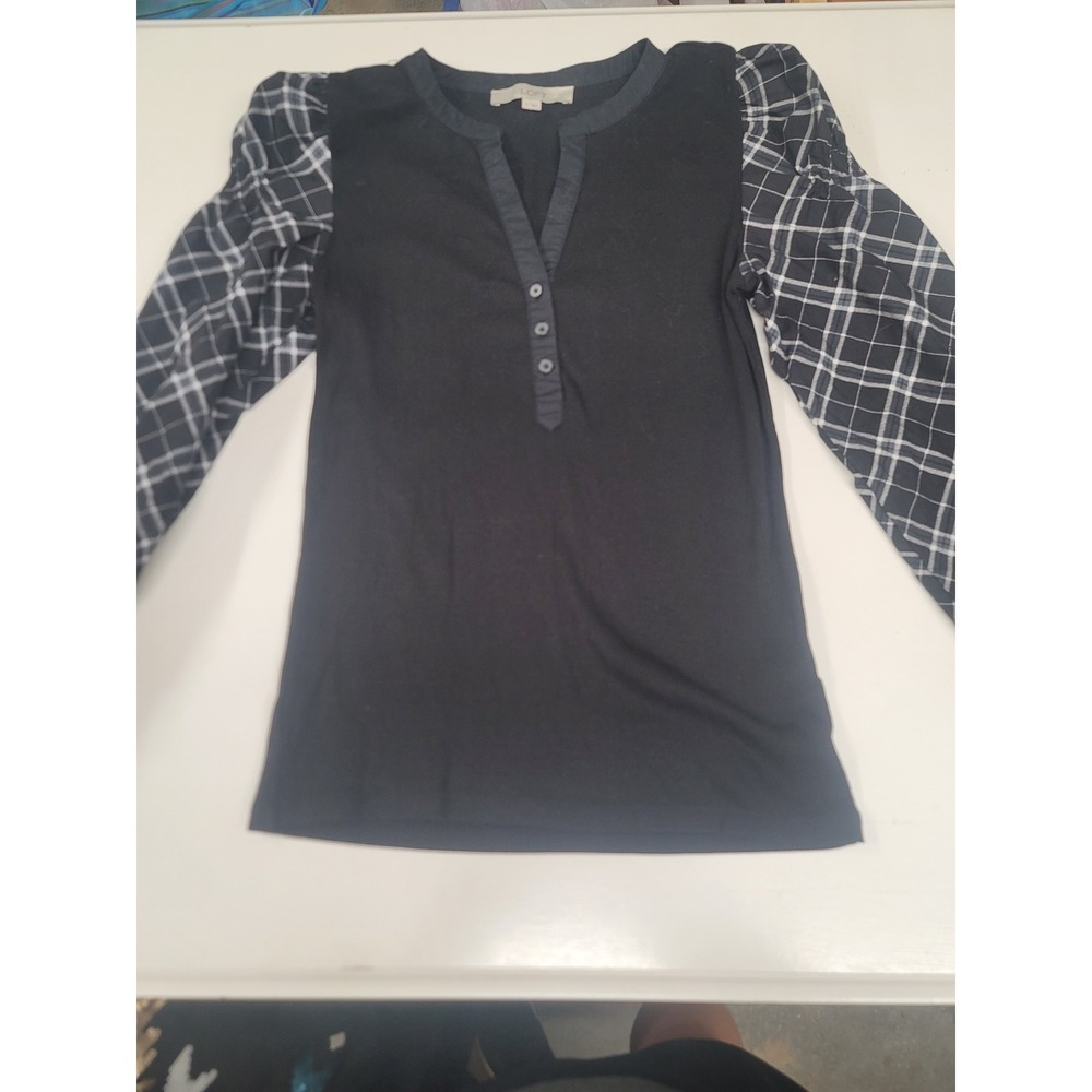 Loft Women's Black Long Sleeve Button Down Plaid Sleeve Top Size S
